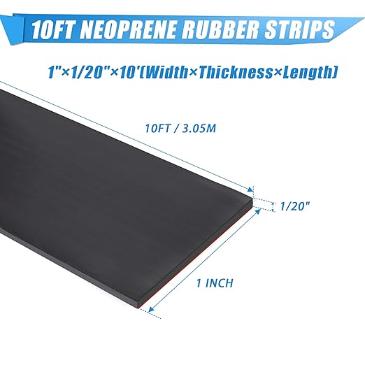 Neoprene Rubber Strips Self Adhesive Sheets, Rolls & Strips with Adhesive Backing Rubber Pads Self Stick Seal Gasket Tape for Matting Padding - 1" Wide x 1/20" Thick x 10' Long