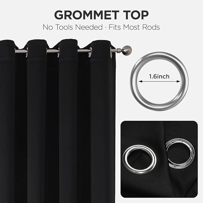 Joydeco Blackout Patio Sliding Door Curtains 108 Inches Long, Grommet Privacy Room Divider Curtains, Extra Wide Thermal Blackout Drapes for Bedroom Living Room (Black, 100Wx108L, 1 Panel)