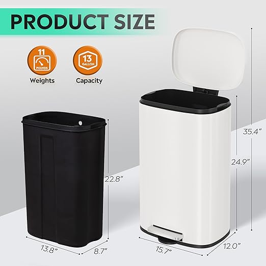 WLIVE 13 Gallon Stainless Steel Trash Can with Inner Bucket, Kitchen Garbage Can with Lid, 50L Soft Close Step Trash Can with Metal Foot for Home, Kitchen, Laundry Room, Office, White