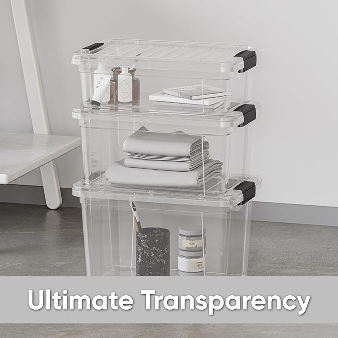 Superio Clear Storage Boxes with Lids, 26.5 Quart Plastic Container Bins for Organizing, Stackable Crates, BPA Free, Non Toxic, Odor Free, Organizers for Home, Office and Dorm, 4 Pack