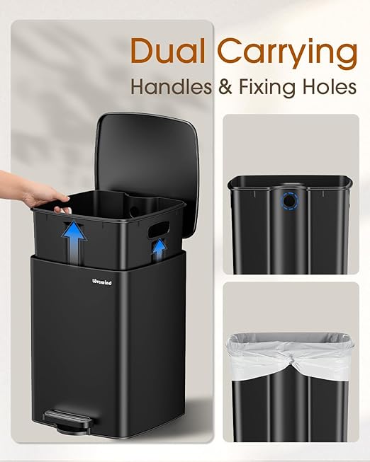 Lovewind Kitchen Trash Can with Lid, 5.2 Gallon/20 L Footstep Garbage Can for Kitchen Bedroom Home Office, 20 Liter Trash Bin Brushed Stainless Steel Waste Bin with Soft-Close Lid,Black