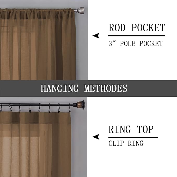 Tollpiz Sheer Curtain Linen Textured Bedroom Curtains Sheer Light Filtering Rod Pocket Voile Curtain for Living Room, 54 x 95 inches Long, Brown, Set of 2 Panels