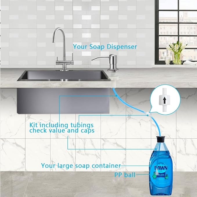 Soap Dispenser for Kitchen Sink, Brushed Nickel Countertop Soap Dispenser Pump, 47" Silicone Extension Tube Connect to The Soap Bottle Directly, Say Goodbye to Frequent Refills (Brushed Nickel)