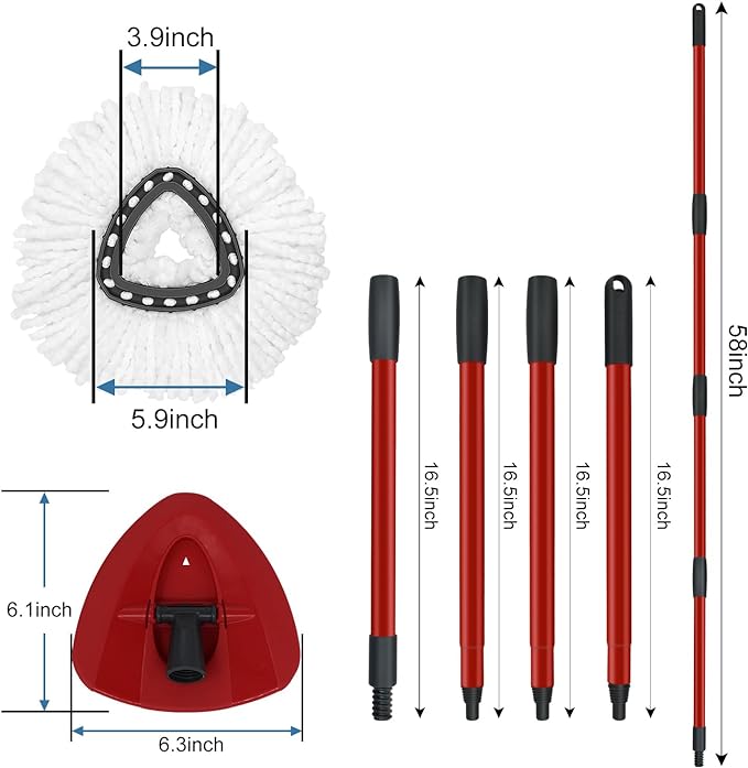 Mop Replace Heads Mop Handle and Mop Base Replacement for O Cedar EasyWring 1-Tank Spin Mop System, 2 Microfiber Mop Head Refills, 4-Section Iron Mop Handle 30-58in and 1 Mop Head Cover Set(No Bucket)