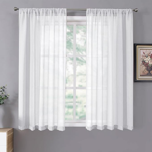 Tollpiz Sheer Curtains Linen Textured Living Room Curtain Sheers Light Filtering Rod Pocket Voile Curtains for Bedroom, 42 x 63 inches Long, White, Set of 2 Panels