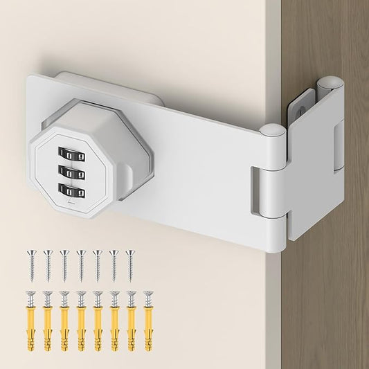 90 Degree 3-Digit Combination Cabinet Lock, Zinc Alloy Keyless Folding Hasp Lock Latch, Password Security Rotary Door Latch for Office File Cabinet, Drawer, Locker, Cupboard (1, White)