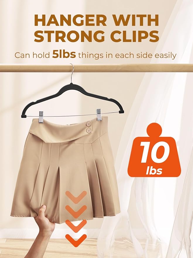 HOUSE DAY Velvet Skirt Hangers 24 Pack, Black Velvet Pant Hangers with Adjustable Clips, Space Saving Slim Shorts Hanger, Heavy Duty Non Slip Clip Hanger for Pants, Skirts, Shorts