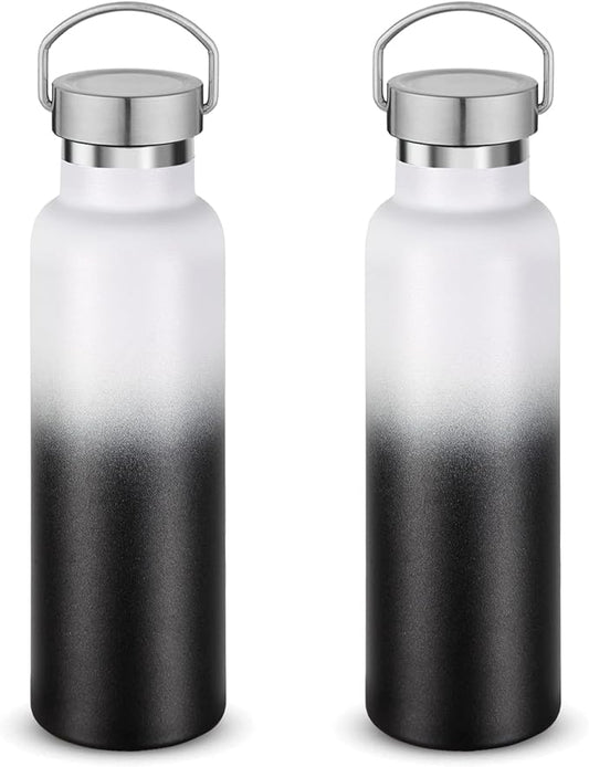 Neihepal 20 oz Insulated Water Bottles Bulk 2 Pack,Stainless Steel Double Wall Sport Bottle with Lid of Handle,Metal Reusable Thermoses Flask for School,Cyclists,Hikers,Gift (White-Black,Set of 2)