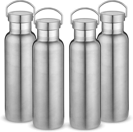 Neihepal 20 oz Insulated Water Bottles Bulk 4 Pack,Stainless Steel Double Wall Sport Bottle with Lid of Handle,Metal Reusable Thermoses Flask with Cup Cap for School,Hikers,Gift (Silver,Set of 4)