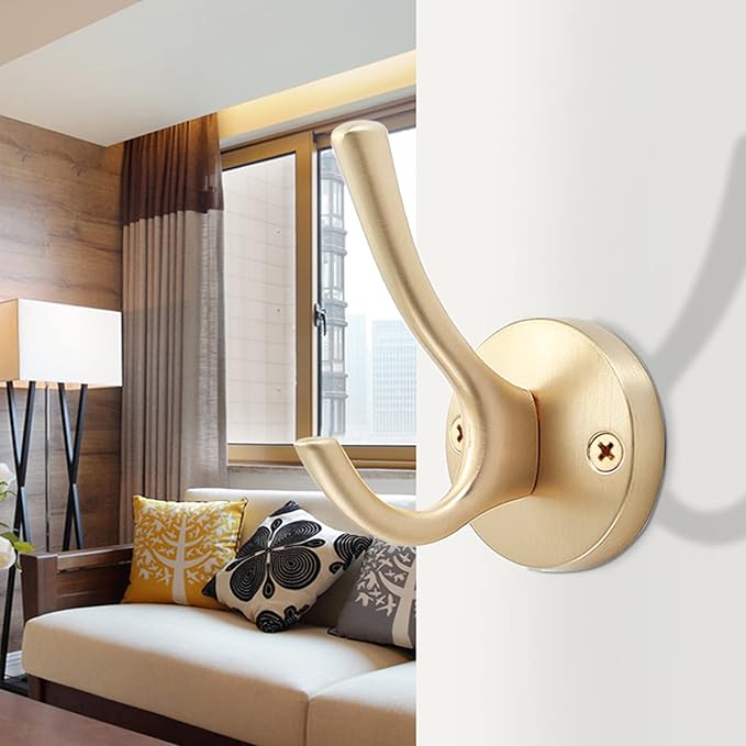 Gold Wall Hooks, 5 Pack Coat Robe Hook Heavy Duty Metal Double Bath Hook Wall Mounted, Hand Towel Hooks for Cubicle Bathroom Kitchen Closet Garage