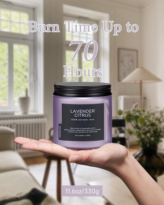 M&SENSE Soy Candles for Home Scented, 11.6oz Lavender Citrus Scent Aromatherapy 70H Burn Time, Stress Relief Gifts for Mom Girlfriend Teacher, Medium Jar Candle for Spa, Bath, Yoga