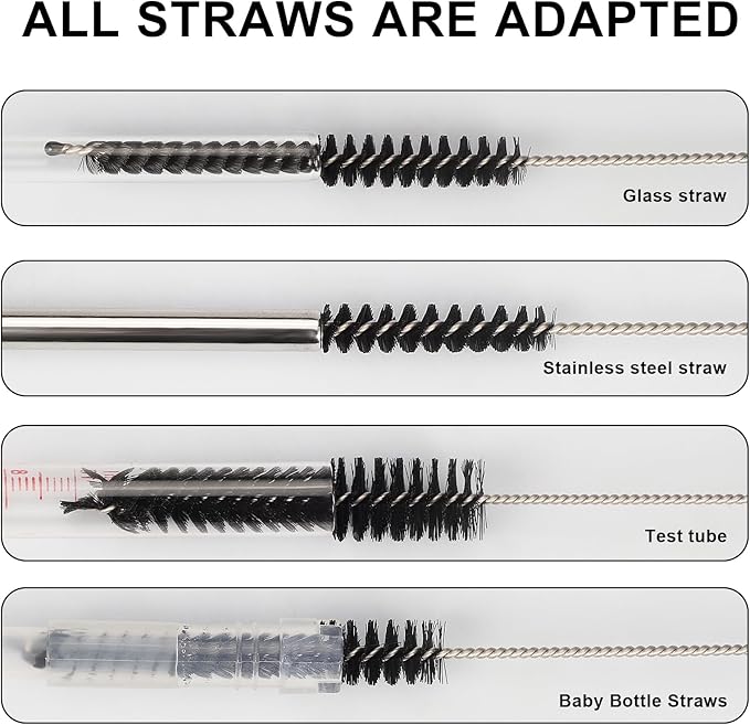 Straw Cleaner Brushes Sets, 12 Pieces 8.2 Inch Botthle Cleaning Brush and Nylon Tube Brush Brush Kit for Sippy Cup, Tumbler, Water Bottle, Drinking Straw (Black)