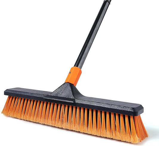 18" Push Broom Outdoor for Floor Cleaning with Extendable Long Handle, Stiff Bristle Heavy Duty Broom for Bathroom, Kitchen, Tub, Tile, Patio, Deck, Concrete, Industrial