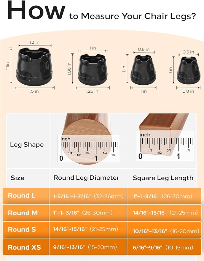 24-Pack Silicone Chair Leg Floor Protectors for Hardwood Floors -Felt Furniture Pads, Rubber Chair Leg Covers/Caps - Noise Reducing & Scratch-Proof - Round XS (Fits 9/16"-13/16" / 15-20mm), Black
