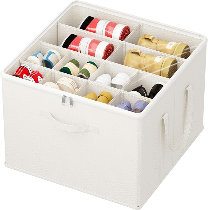 Lifewit Shoe Storage Organizer for Closet Fits 12-16 Pairs, Fabric Large Shoe Box Storage Container with Clear Cover, Foldable Bins Fit for Boots Heels Sneakers 17"(L) x 17"(W) x 12.5"(H) 1 Pack White