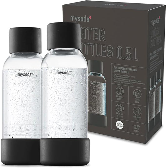 Mysoda Carbonating Bottles 2Pck 0.5L - Compatible with MySoda and any brands - Quick-Lock Reusable Bottles - Lid and Base Made of Wood Composite - BPA Free - Black