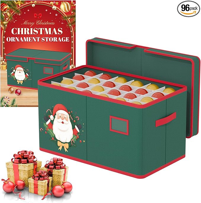 Christmas Ornament Storage Box Christmas Ornament Organizer Storage with Adjustable Dividers Fit 96 of 3 Inch 600D Oxford Fabric Ornaments Storage Container for Holiday Decorations