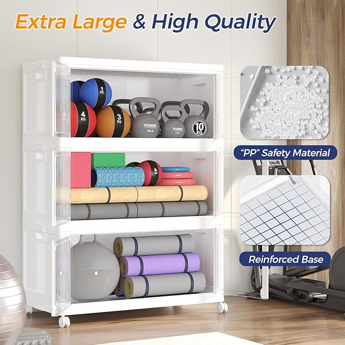 1000Qt Stackable Storage Bins with Lid and Wheel, 250Gal Plastic Closet Organizer and Storage Drawer, Large Collapsible Storages Box Cabinet with Clear Door for Home Kitchen, 5Pack White