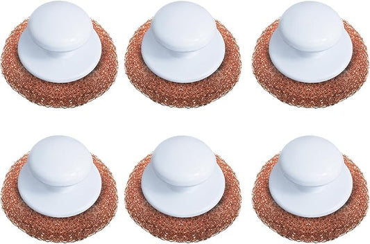 LOLA Copper Mesh Scouring Pad w/Comfort Knob, 6 Pack, Heavy Duty Cleaning Pads, Knitted Wire Mesh, Cleans Caked-On & Baked-On Messes