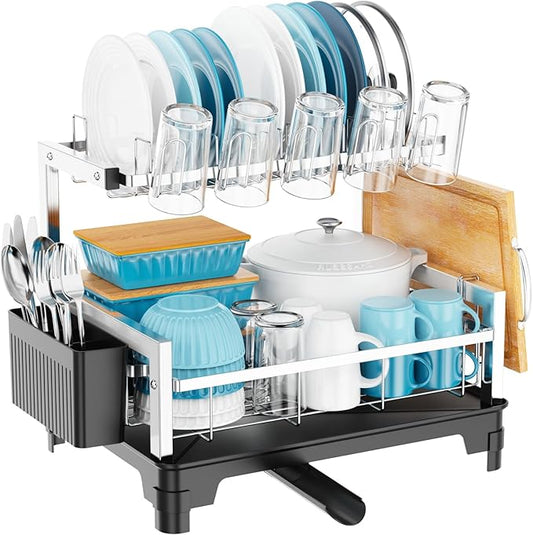 GSlife Dish Drying Rack for Kitchen Counter - Stainless Steel 2 Tier Dish Drainer with Cutting Board, Cup Holder and Utensil Holder, Auto Drain, 21" L x 12.6" W, Silver
