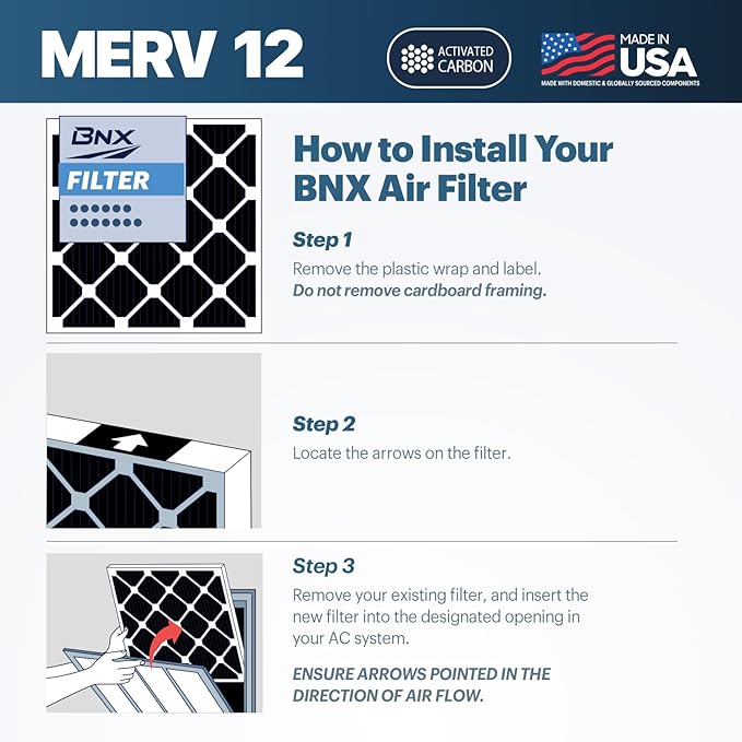 BNX TruFilter 20x20x1 MERV 12 Odor Defense (6-Pack) AC Furnace Air Filter with Activated Carbon - MADE IN USA - Pleated Air Conditioner HVAC AC Furnace Filters - Removes Odor, Mold, Bacteria, Smoke