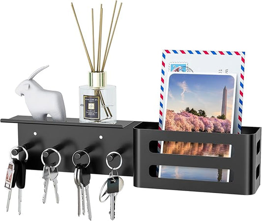 MKO Key Holder for Wall, Mail Organizer Key Rack with Tray, Key Holder Adhesive Wall Mount, 4 Hooks(Black)