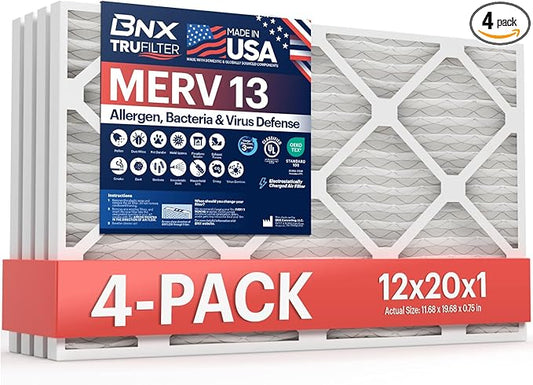 BNX TruFilter 12x20x1 Air Filter MERV 13 4-Pack) - MADE IN USA - Electrostatic Pleated Air Conditioner HVAC AC Furnace Filters for Allergies, Pollen, Mold, Bacteria, Smoke, Allergen, MPR 1900 FPR 10