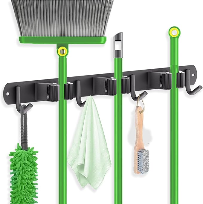 ZONGOOL Mop and Broom Holder Wall Mount, Broom Organizer Mop and Broom Storage Tool Racks Stainless Steel Wall Hanger for Home Kitchen Garden Laundry Garage (3 Racks with 4 Hooks, Black)