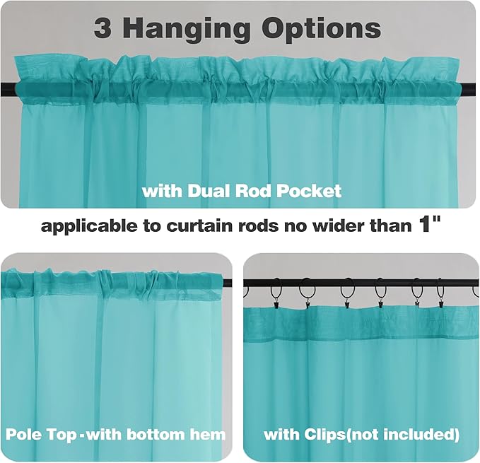 Chyhomenyc Turquoise Sheer Curtains 54 Inch Long 2 Panels, Light Filtering Rod Pocket Voile Short Curtains Drapes for Living Room Bedroom Small Windows, 42Wx45L Inches