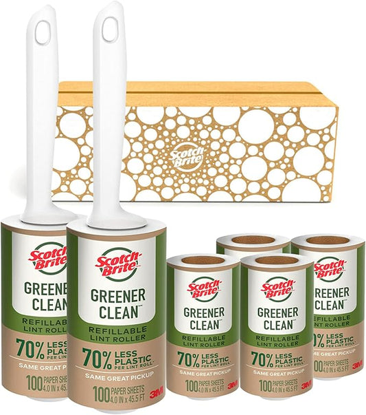 Scotch-Brite Greener Clean Lint Roller, Reusable Lint Rollers for Clothes, Furniture, and Pet Hair, Tidy Up Fabrics with a More Sustainable Fuzz Remover, 2 Roller, 4 Refills