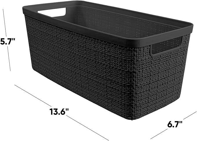 Curver Set of 8 Jute Slim Decorative Plastic Organization and Storage Baskets, Perfect Bins for Home Office, Closet Shelves, Kitchen Pantry and All Bedroom Essentials, Black
