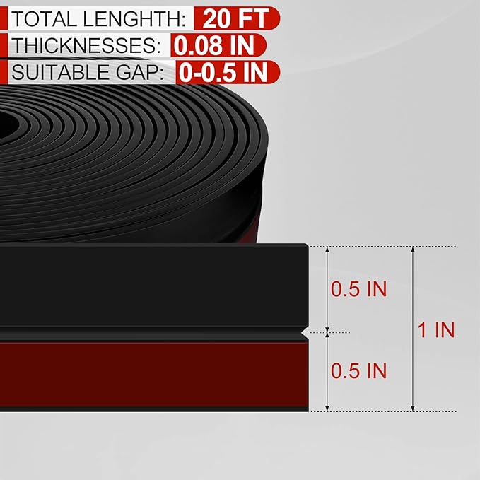 MYFAMIREA Door Weather Stripping 1IN (W) x 20FT (L) Door Draft Stopper Seal Tape Silicone Seal Strip Self Adhesive Shower Sweep Insulation Tape Side Bottom Strip for Sliding Glass Window Gap, Black