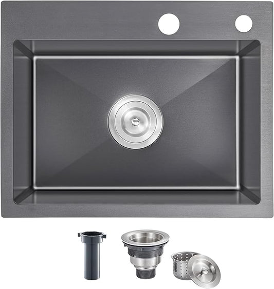 23x18 Inch Kitchen Sink, Handmade 304 Stainless Steel Sink, 9" Deep Single Bowl with Brushed Finish, Topmount with 2 Holes, R10 Tight Corner, for Modern Kitchen/RV/Outdoor Sink
