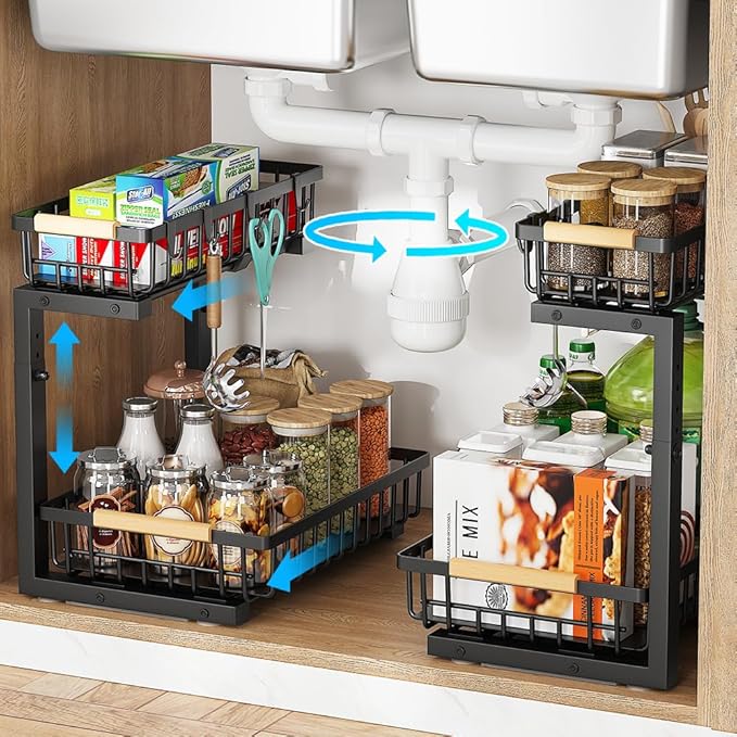 Under Sink Organizer, 2 Tier Under Sink Organizers and Storage, Metal Slide out Pull out Cabinet Organizer ，2 Pack Sliding Drawer Organizer for Kitchen Bathroom Pantry