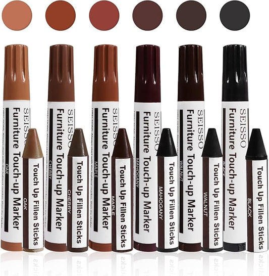 Furniture Repair kit, Wood Scratch Cover Markers*6 and Wax Filler Sticks*6 with Sharpener- 13Pack, Furniture Markers Touch Up Kit for Cover Ups Wooden Floors, Tables, Desks, Carpenters, Stains
