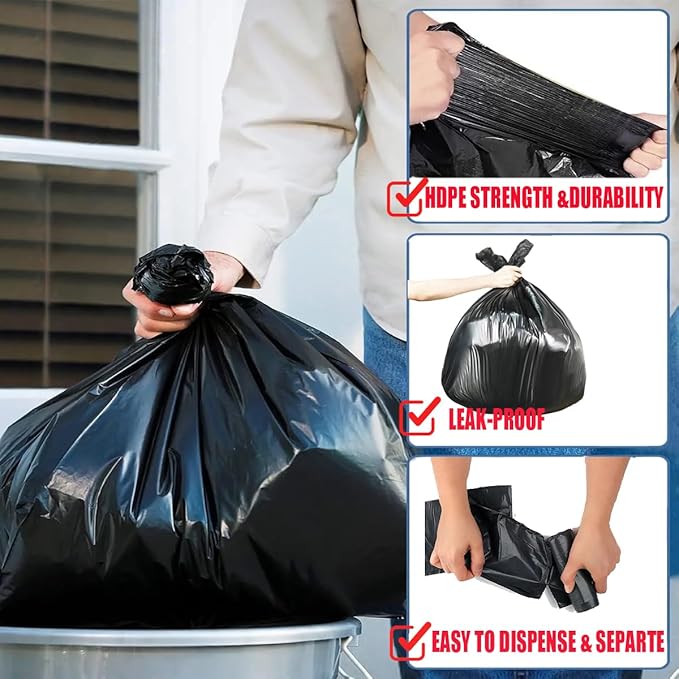 8-10 Gallon Trash Bags, 1000 Count Bulk Value Pack, Black Garbage bags, Multi-purpose Trash Can Bin Liners for Bathroom, Office, Industrial, Commercial, Janitorial, Municipal, Recycling
