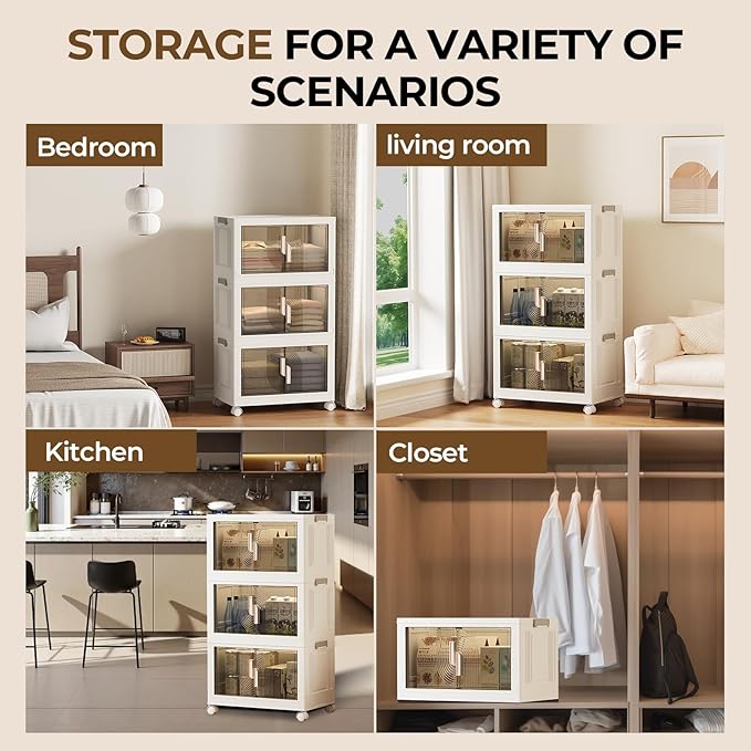 Elegant 3 Tiers Stackable Storage Bins for Home Organization, Moveable Plastic Storage Bins with Lids, Easy Assembled Storage Box for Closet Organizers and Storages Dorm 22" W x 12.4" D x 37.6" H