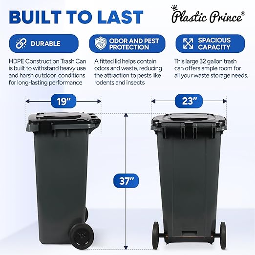 32 Gallon Step-On Large Outdoor Trash Can with Lid and Wheels - Outside Plastic Rolling Garbage Can - Rollout Commercial Heavy-Duty Container Barrel, Gray