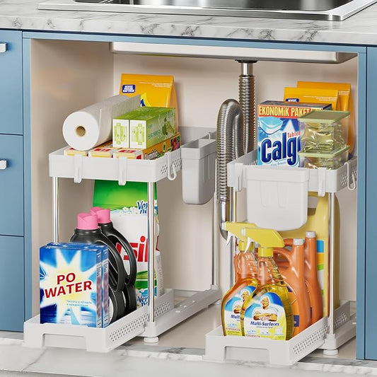 Under Sink Organizer, 2 Tier Pull Out Cabinet Organizer with Hooks Hanging Cup, Easy Installation & Rust-resistant, Multi-Purpose Storage Shelf for Kitchen Bathroom Pantry (White, 2 Pack)