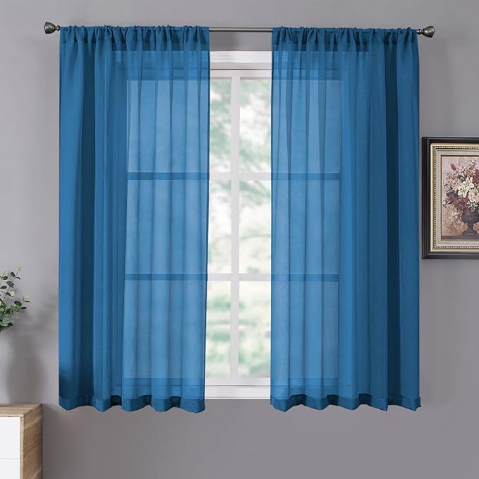 Tollpiz Short Sheer Curtains Linen Textured Bedroom Curtain Sheers Light Filtering Rod Pocket Voile Curtains for Living Room, 54 x 45 inches Long, Classic Blue, Set of 2 Panels