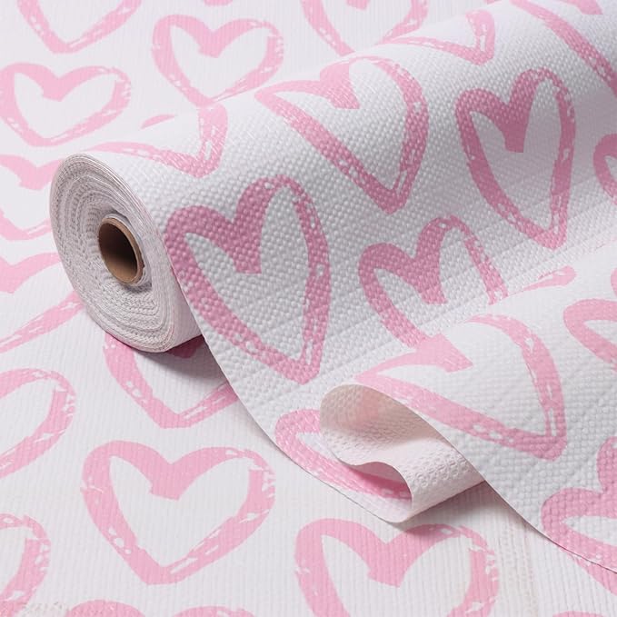 Pink Heart Shelf and Drawer Liner for Cabinets, 12IN x 20FT Non-Adhesive and Strong Non-Slip Shelf Cabinet Drawer Liners for Kitchen,Table,Bookshelves,Waterproof Cupboard Liners,Easy to Clean
