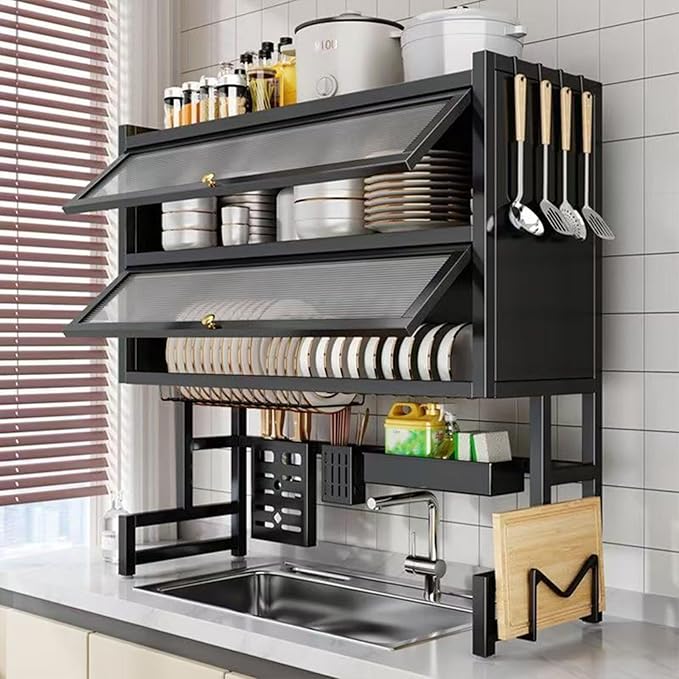 Dish Drying Rack 4 Tiers with Cover, Keep Kitchen Sink Shlef Organized Space-Saving Dish Drying Rack, Large Drying Rack for Dishes, Glasses, Bowls, Cutlery (Black, W-25.6)