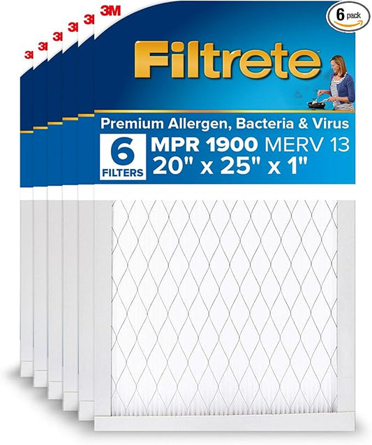 Filtrete 20x25x1 AC Furnace Air Filter, MERV 13, MPR 1900, Premium Allergen, Bacteria & Virus Filter, 3-Month Pleated 1-Inch Electrostatic Air Cleaning Filter, 6-Pack (Actual Size 19.69x24.69x0.78 in)