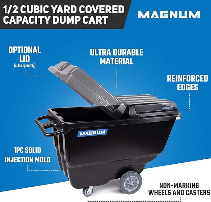 Tilt Truck, 1/2 Cu. Yd. Capacity Dump Cart with Non-Marking 12” Wheels & 5” Casters for Handling, Transporting on Construction Jobsites, 750 lbs, Trash Cart with Wheels DUC12T-NM