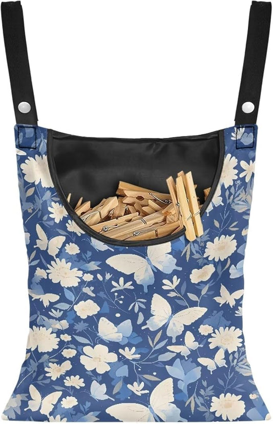 2 Pcs Butterfly and Floral Clothespin Bag with Large Opening Clothes Pins Holder Outdoor and Laundry Bag Hanging Fits for Clothesline Outdoor