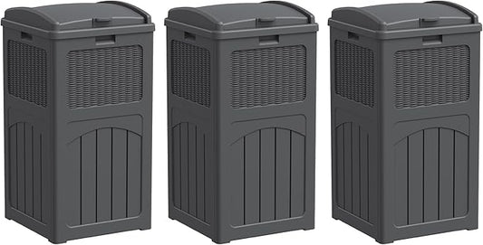 Greesum 33 Gallon Outdoor Trash Can with Lid, Waterproof Resin Garbage Bin for Hideaway, Deck, Patio, 3 Pack, Gray