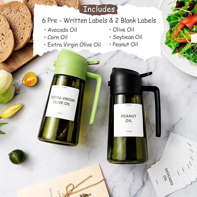 TrendPlain - Original 16oz/470ml Olive Oil Dispenser Bottle for Kitchen Gadgets and Air Fryer Accessories - Olive Oil Sprayer for Cooking w/Stickers - 2 Black
