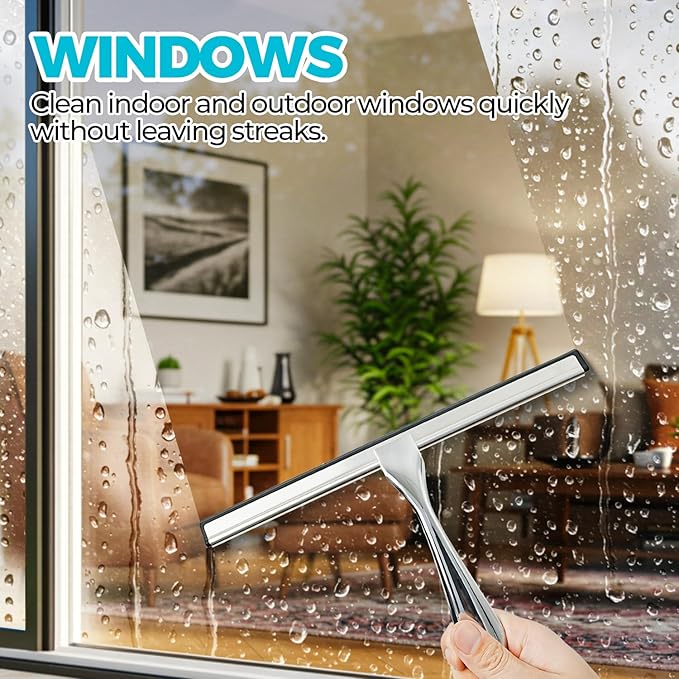 2PACK All-Purpose Shower Squeegee for Shower Doors, Tile Shower Walls, Bathroom, Window, Glass and Car Windshield, Mirrors and Kitchen-Stainless Steel, 9.8-Inch, Silver