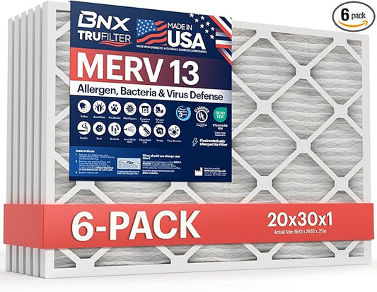 BNX TruFilter 20x30x1 Air Filter MERV 13 (6-Pack) - MADE IN USA - Electrostatic Pleated Air Conditioner HVAC AC Furnace Filters for Allergies, Pollen, Mold, Bacteria, Smoke, Allergen, MPR 1900 FPR 10