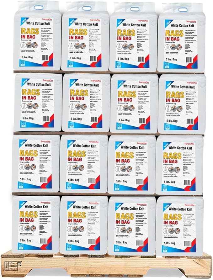 Premium White T-Shirt Cleaning Rags (600 lbs. Pallet 120x5 lbs. Bag) – White Cotton Rags for Cleaning, Staining, Painting, Oil, Grease & Dust Removal – Shop Rags Bulk for Multipurpose use